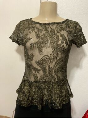 Estam women’s Sparkle Lace floral Peplum see through Gold Top size S